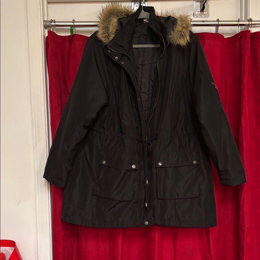 Avenue Black Ski Jacket with Faux Fur Hood